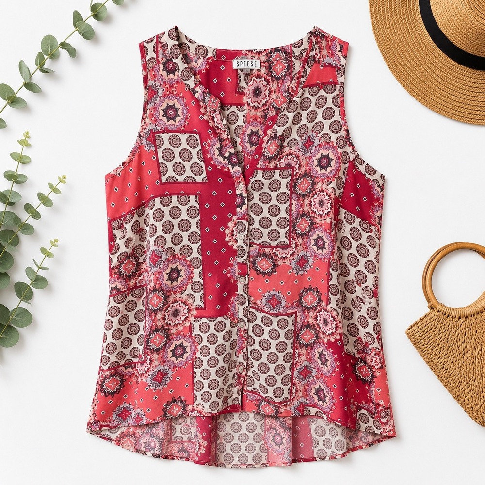 Spense Womens Red Boho Patchwork Sleeveless Button Front Blouse Medium